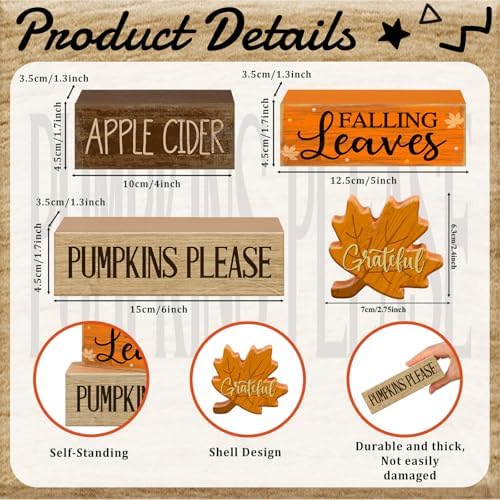 Moucuny 4 Pcs Fall Table Decor for Home, Wooden Grateful Maple Leaf Signs
