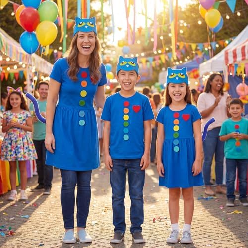 Blue Cat Costume Set with Cat Headband and Tail, Heart Button Stickers Accessories for Read Book Day Dress Up Halloween Party Cosplay