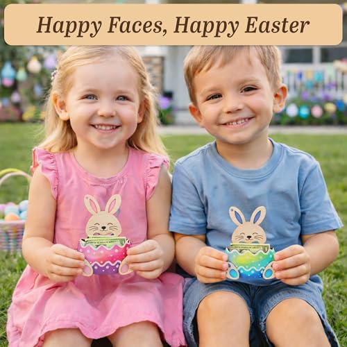 KATINAT Easter Bunny Money Holder for Cash & Cards, Bunny Holding Easter Egg Wooden Cash Holder, Easter Basket Stuffer for Teens, Kids, Teen Girls & Boys, Pink Bunny Money Holder