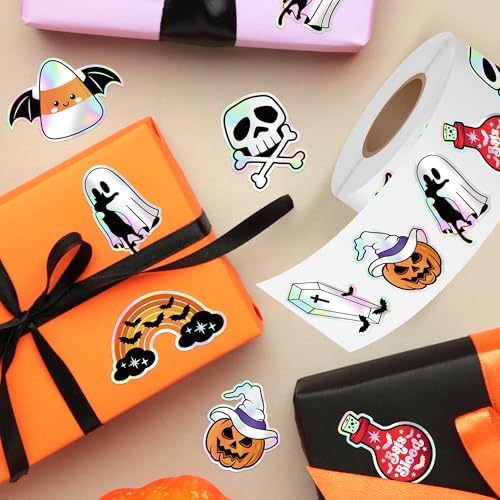 500Pcs Holographic Halloween Stickers Roll - Laser Cute Ghost Pumpkin Self-Adhesive Labels Iridescent Decals for Trick or Treat Bags Envelope Seals Scrapbook Journal, 8 Designs