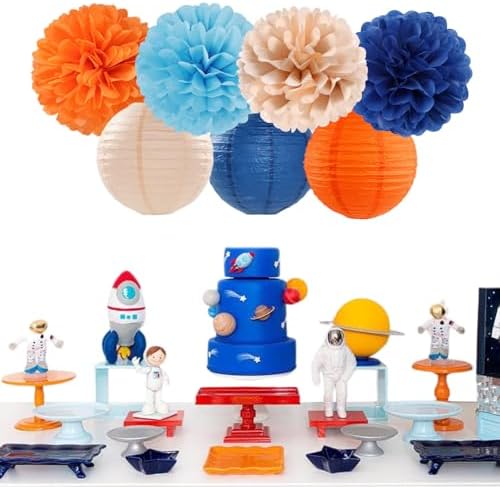 Navy-Blue Orange Champagne Party-Decorations Paper-Flowers - 15pcs Fall Birthday Baby Bridal Shower Tissue Pom Poms Lanterns Streamers Honeycomb, Wedding Bachelorette Hanging Supplies Decor Hugfond