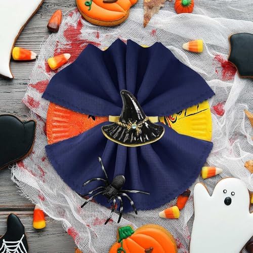 Halloween Napkin Rings Set of 6, Black Hat with Spider Napkin Rings Holders Metal Buckle Serviette for Halloween, Horror Theme Party, Autumn Holiday, Dining Table Decoration
