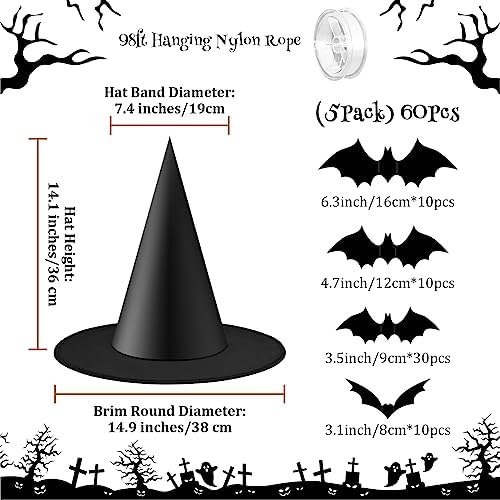 Riare 12pcs Halloween Black Witch Hats Set- Floating Hanging Witches Hats with 98 Feet Hanging Rope and 60pcs 3D Bats Wall Decal Stickers, Costume Witch Accessory for Halloween Yard Party Decoration