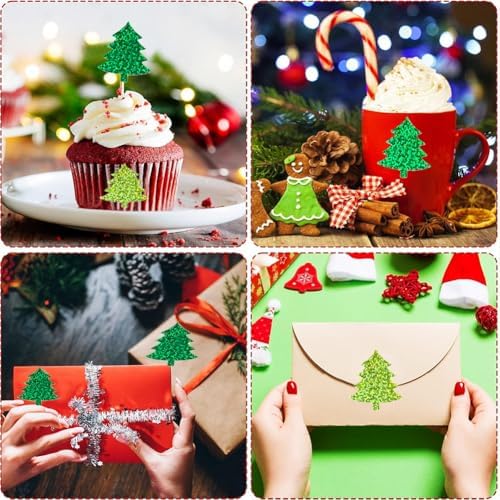 500Pcs Christmas Tree Stickers Roll 1.2in Laser Green Pine Tree Seal Stickers Xmas Waterproof Self-Adhesive Decals for Envelope Journal Decor Gifts Decor