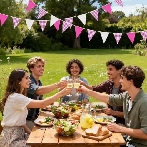 G2PLUS Pink and White Gingham Fabric Bunting Banner, 32Ft Cotton Burlap Triangle Garland for Mother’s Day, Wedding, Birthday, Carnival, Picnic, BBQ & Outdoor Events