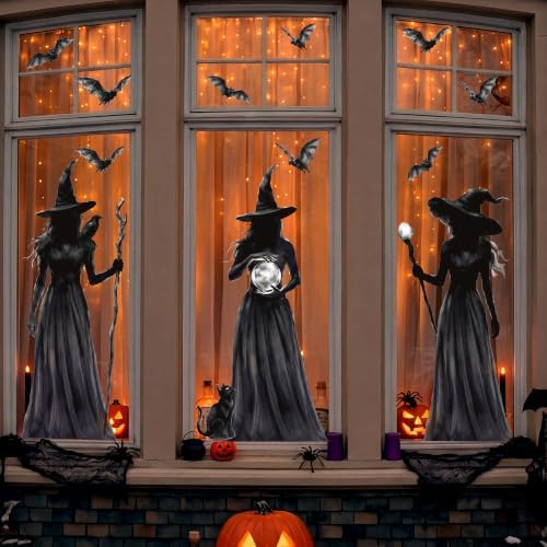 Halloween Decorations Window Clings, 3 Large Witch Window Decals Double Sided Window Clings, Spooky Witch Black Cat Bats Gothic Decor for Glass Windows, Holiday Party Home Indoor Decoration, 3 Sheets