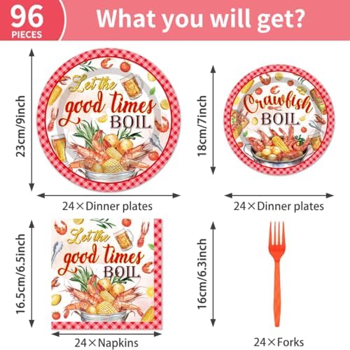 EUOYUFO 96Pcs Crawfish Boil Party Supplies Tableware Set Let The Good Times Boil Paper Plates Napkins Forks Lobster Seafood Boil Birthday Theme Party Supplies Serve 24 Guests