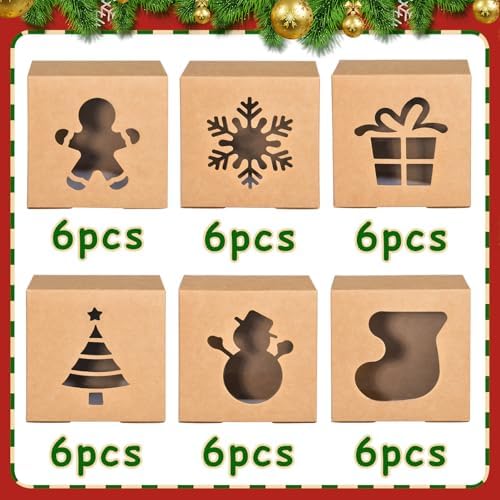 KPOSIYA 36 Pack Christmas Cookie Boxes for Gift Giving, 6x6x3 Inch Brown Bakery Box With Window, Large Holiday Cookie Tins With Lids, Small Xmas Treat Box for Pastry Dessert Cupcakes Packaging