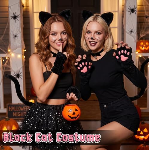 H-Style Cat Costume for Women - Black Cat Ears Headband Woman, Tail, Bell Choker & Gloves - 4 Pack, Halloween Cosplay Costume Outfit Accessories for Adult