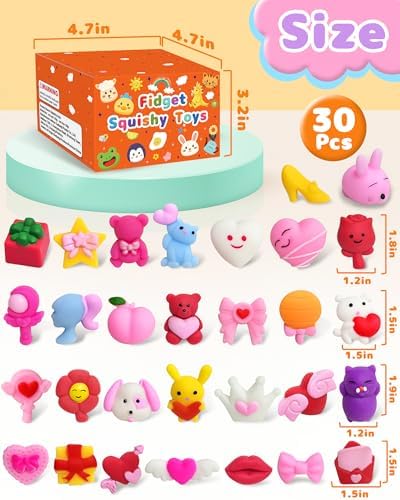 30 Pcs Valentines Squishy Toys, Party Favors for Kids 4-8, Bulk Valentines Day Gifts Non Candy Exchange for Kids Classroom Class School Students, Goodie Bags Stuffers Fidget Toys