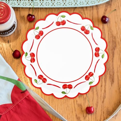 JarThenaAMCS 50 Pcs Cherry Paper Plates Scalloped Disposable Plate Red Decorative Tableware for Holiday Party Decor Supplies, 9 In