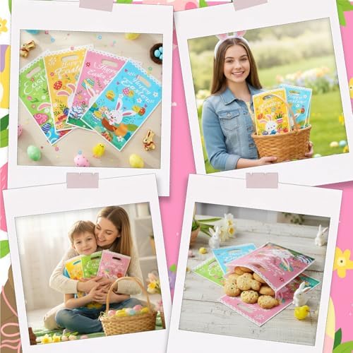 Easter Treat Bags, 50 PCS Easter Gift Bags with Handles, Plastic Happy Easter Day Cookie Goodie Candy Bag Easter Bunny Cute Spring Party Favor Bag for Easter Party Favors Supplies, 6.5x10 Inch
