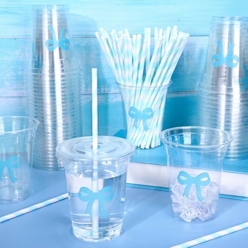 Whaline 50 Pcs Bow Disposable Plastic Cups with Lids and Straws 12 Oz Blue Bow Knot Cold Beverage Drinking Cups
