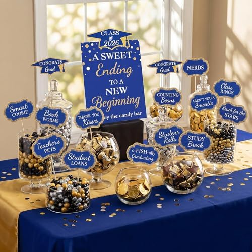 Spakon 24 Pcs Grad Candy Buffet Labels with Stand, Table Signs, Blue Gold