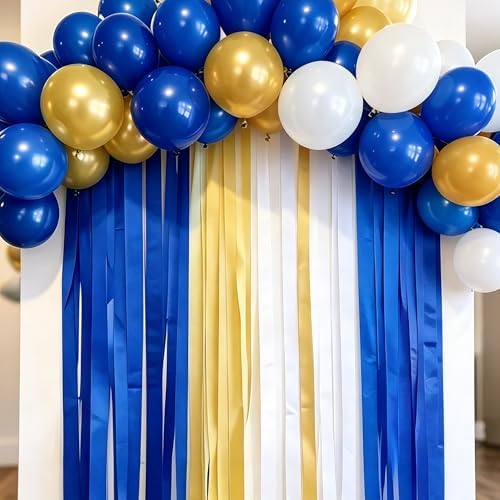 BEISHIDA 6 Rolls Blue Gold White Crepe Paper Streamers for Graduation Retirement Prom Anniversary Bridal Shower Men Birthday Celebration Party Decorations, piñatas DIY Craft Paper (492 Ft)