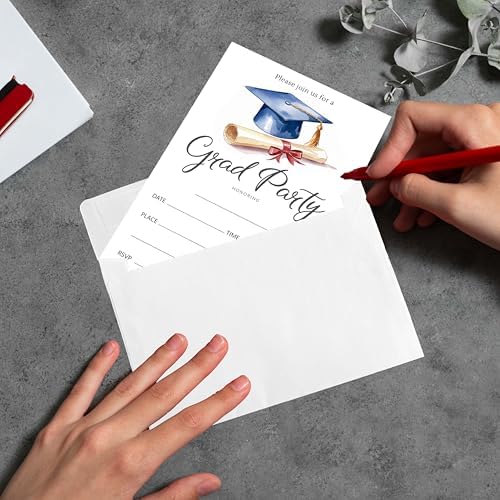 4x6 2026 Watercolor Grad Party Invitations (20 Cards + 20 Envelopes) - Blue Cap & Diploma Grad Celebration Invites.(015)