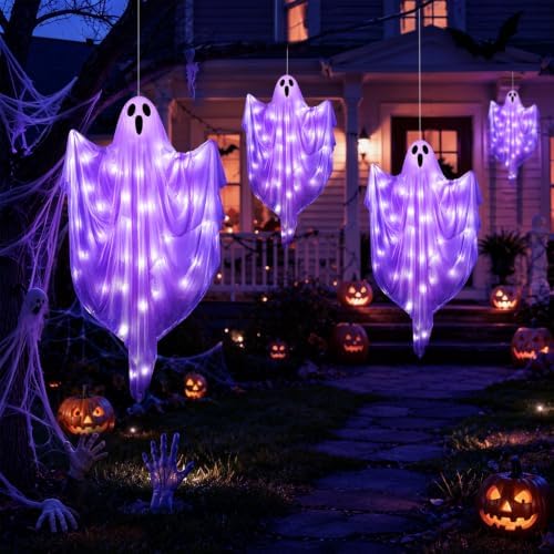 4 FT Halloween Hanging Ghost Decorations with 50 LED Lights, Light Up White Ghost Outdoor Decor with Timer & 8 Lighting Modes, Hanging Halloween Ghost for Front Porch, Yard, Patio, Garden & Party