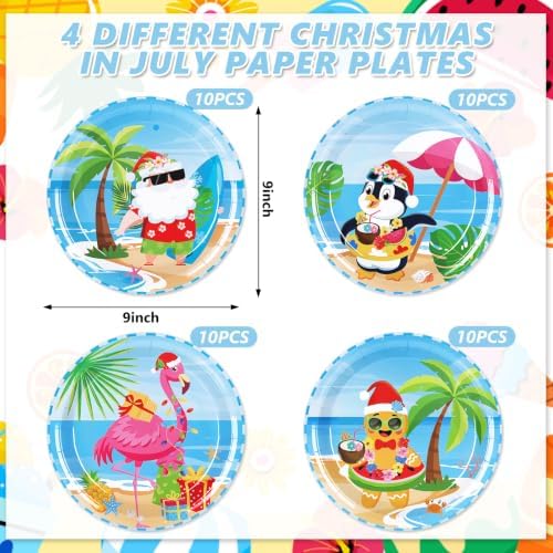 Whaline 40 Pcs Christmas in July Paper Plates Disposable Plates Decorative Summer Santa Claus Gingerbread Man Flamingo Tableware Dessert Plate for Birthday Party Tableware Supplies