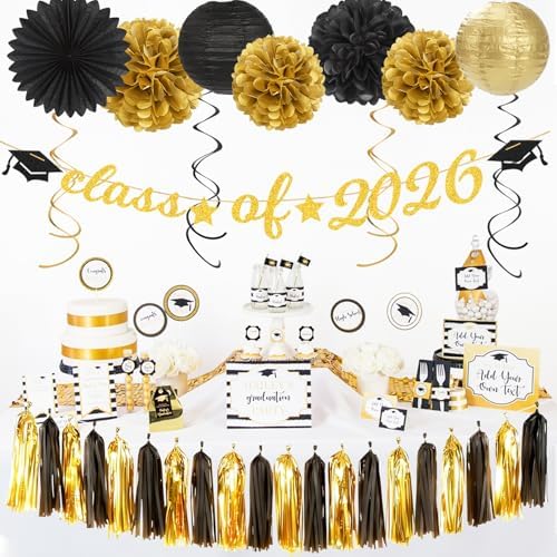 Black Gold Graduation Party-Decorations Garland - 36pcs Congrats Grad Class 2026 Banner,Hat Hanging Streamers,College High School Congratulations Master Celebration Classroom Backdrop Decor Burgleda