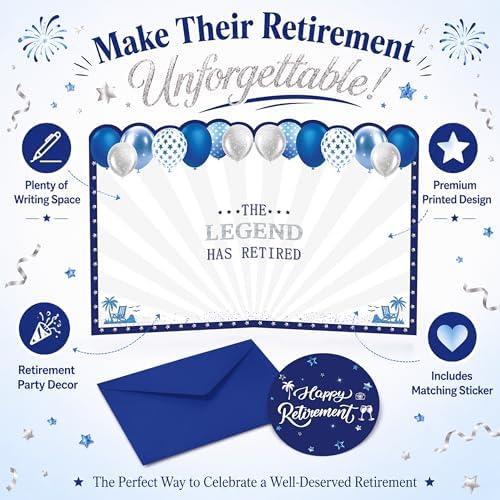 WNINK Blue Silver Retirement Card for Men Women, Jumbo Happy Retirement Guest Book Card with Envelope, Large Farewell Signing Card, The Legend Has Retired Party Decorations Gift