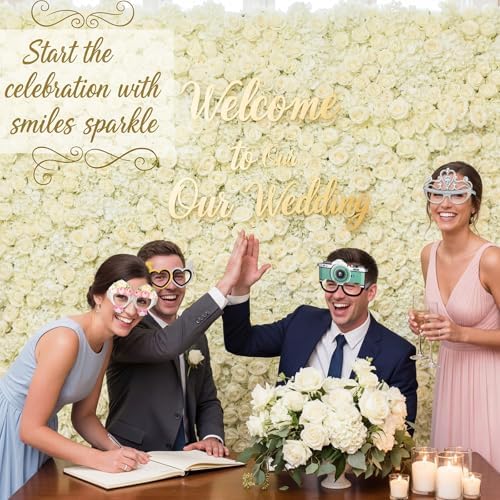 32 Pcs Wedding Photo Booth Props Paper Glasses - Bridal Shower Decorations, Engagement Party Favors, Bachelorette Accessories, Just Married Eyeglasses for Bride Reception Celebration Supplies