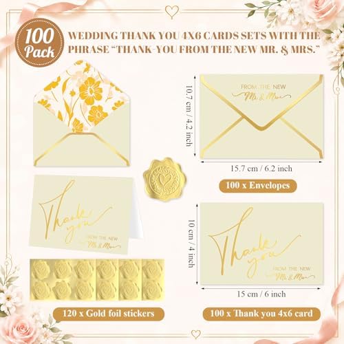 100 Pcs Wedding Thank You Cards with Envelopes Mr and Mrs Cards