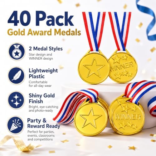 RAINFLOW 40PCS Plastic Gold Medals for Kids - Award Medals with Ribbons
