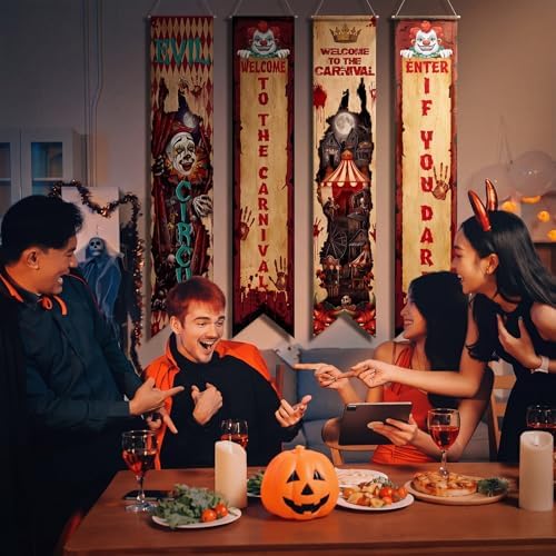 Hahafelt 6 Pcs Halloween Party Decorations Banners 61 Inch Carnival Clown Bulletin Board Banner Evil Circus Gothic Porch Door Hanging Decor for Wall Classroom Office Halloween Circus Party Supplies