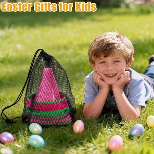 4 in 1 Easter Outdoor Games for Kids and Family, Easter Party Game with Ring Toss, Plastic Cones, Bean Bags, 3-Legged Race Bands, Carnival Spring Games Activities Combo Set for Adult Yard Classroom