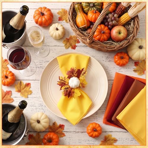 LemonRoad 36 Pcs Cloth Napkins and Napkin Ring Holders, Reusable Fabric for Table Decor Banquet Holiday Dinner Party Supply (Orange, Burgundy, Gold, Coffee, White,Fall)