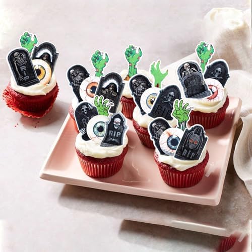 72 PCS Edible Halloween Cupcake Toppers Wafer Paper Skeleton Graveyard Tombstone Cupcake Picks Edible Horror Eyeballs Zombie Hands Cake Decorations for Halloween Theme Birthday Spooky Party Supplies