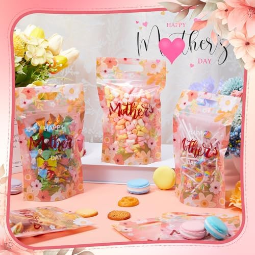 Engrowtic 100 Pcs Mother's Day Plastic Gift Bags with Handles Resealable Pink Flower Mom Candy Treat Goodie Cookie Bags for Happy Mothers Day Party Favor Wrapping Supplies