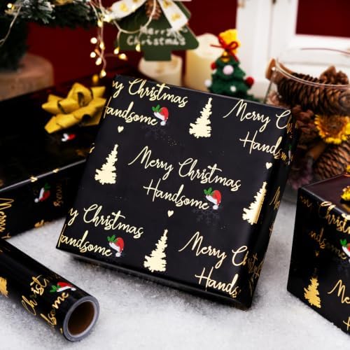 Yarcony Black and Gold Christmas Wrapping Paper for Men Boys, 17 In X 33Ft