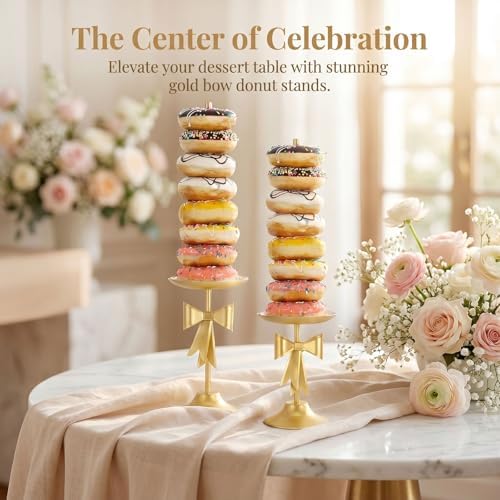 AIM & GGKK Gold Bow Donut Stand, 2 Pieces Metal Donut Display Stand Set for Wedding Birthday Party Dessert Table Decorations, Elegant Gold Bow Design Tower Holder for Donuts Bagels, Party Supplies