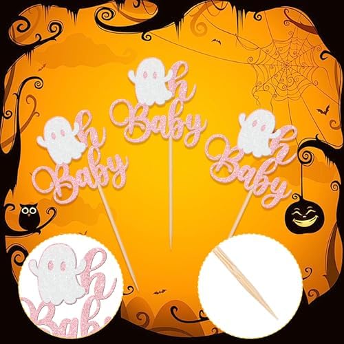 24 PCS Halloween Ghost Oh Baby Cupcake Toppers Glitter Halloween Baby Shower Cupcake Picks Little Boo Cupcake Topper for Halloween Baby Shower Birthday Party Cake Decorations Supplies Light Pink