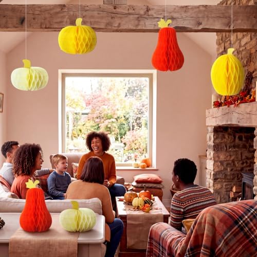 Fourluoo 6 Pcs Fall Table Centerpiece Pumpkin Decorations 3D Paper Pumpkin Honeycomb Standing for Autumn Harvest Party Kitchen Tabletop Home Decor