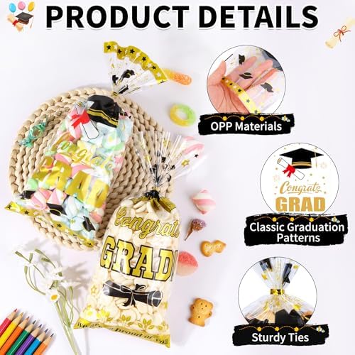 100 Pcs Graduation Cellophane Treat Bags - 5" x 11" Congrats Grad Plastic Goodie Bags with 110 Gold Twist Ties for Cookies, Snacks, Party Favors & Gift Packaging, Thick Plastic Candy Bag for Kids