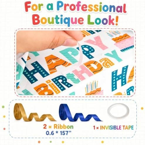 Bafeil Happy Birthday Wrapping Paper Roll Set 3 Roll with Cutting Line