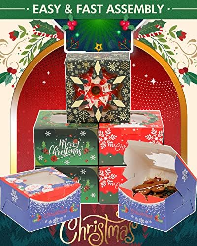 qiqee Christmas Bakery Boxes with Window 52pcs 4x4x2.5 Inch Mini Cookie Boxes Macaron Boxes Small Donut Pastry Boxes for Christmas