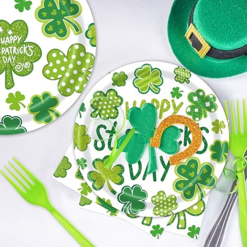 96 Pieces St. Patrick’s Day Tableware Set – Green Shamrock Disposable Plates Napkins Forks with “Happy St. Patrick’s Day” Lucky Clover Designs for Holiday Parties Irish Celebrations – Serves 24