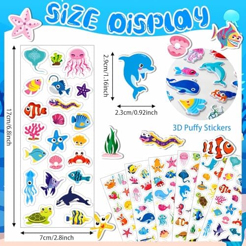 UPINS 12 Sheets Ocean Animal Puffy Stickers for Kids Cute 3D Theme Pack