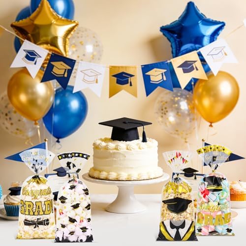 100 Pcs Graduation Cellophane Treat Bags - 5" x 11" Congrats Grad Plastic Goodie Bags with 110 Gold Twist Ties for Cookies, Snacks, Party Favors & Gift Packaging, Thick Plastic Candy Bag for Kids