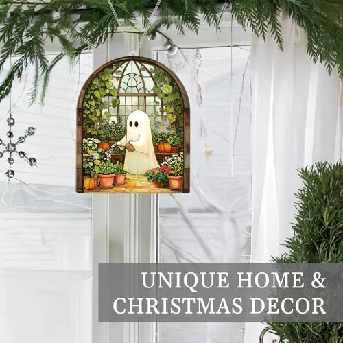 Halloween Stained Glass Ghost Plant Ornament, Suncatcher Decor