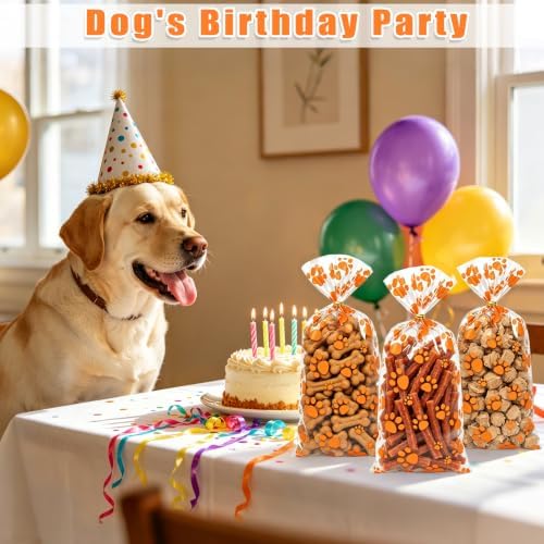 ZYLOP 100Pcs Dog Treat Bags - 5 x 11 Inch Clear Orange Dog Cellophane Treat Bags with 110 Gold Twist Ties for Pet Treats, Cookies & Candy, Paw Print Bags for Fall Parties and Party Favors