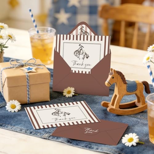JarThenaAMCS 24Pcs Cowboy Thank You Cards with Envelopes Stickers Western Greeting Cards Beige Brown Striped Blank Note Card for Cowboy Birthday Country Party Supplies