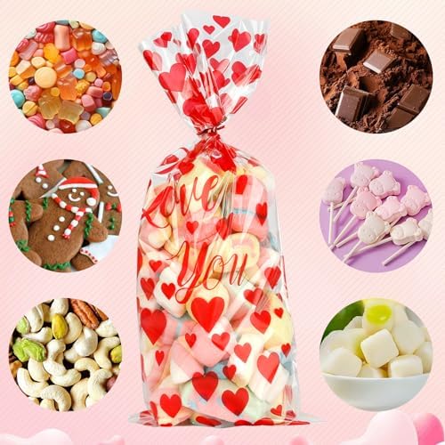 Valentine Treat Bags, 200 Pcs Valentines Cellophane Bags, Plastic Clear Red Valentine Candy Cookie Gift Goodie Snack Bag with 100 Pcs Twist Ties for Valentines Wedding Party Favor Supplies, 5 Styles