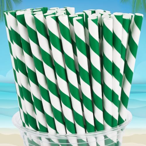 100 Packs Dark Green Biodegradable Striped Paper Straws, Dark Green and White Disposable Drinking Straws for Birthday Carnival Summer Pool Party Wedding Halloween Christmas Party Decoration Supplies