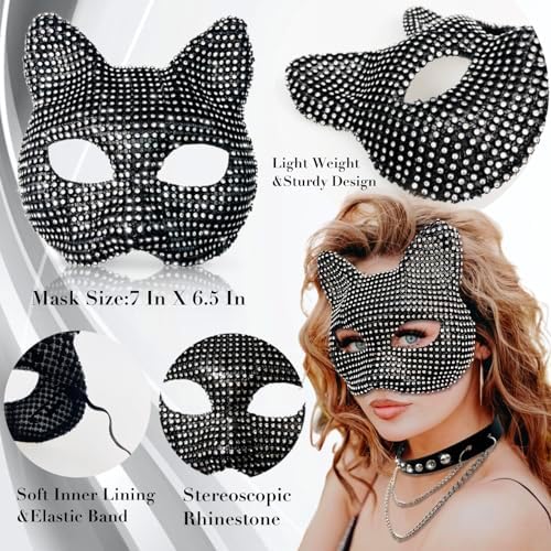Cat Costume for Women - Collar Choker, Gloves, Rhinestone Mask, Tail & Accessories