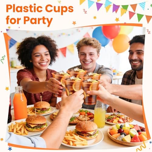 50 Pcs Clear Orange Plastic Cups, 12 oz Disposable Cups for Party