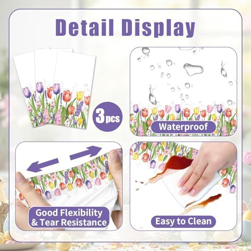 Gistome 3-Piece 54 x 108 Inch Spring Floral Plastic Tablecloth – Colorful Wildflower and Tulip Border Disposable Table Covers for Garden Parties, Baby Showers, Picnics, and Spring Celebrations